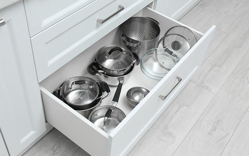 Functional and clever kitchen storage solutions - pots and pans drawers