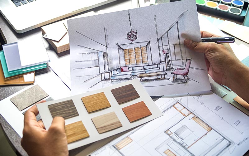 Material swatches and design sketch concepts for a living room renovation